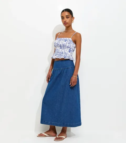 Women's Blue Drop Waist Denim Midi Skirt