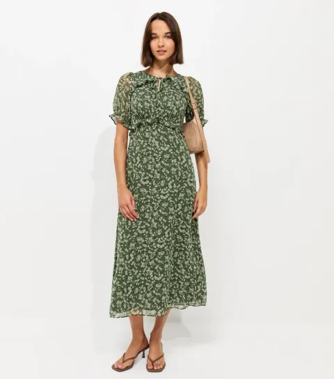 Women's Green Floral Print Ruffle Trim Chiffon Short Sleeve Midi Dress