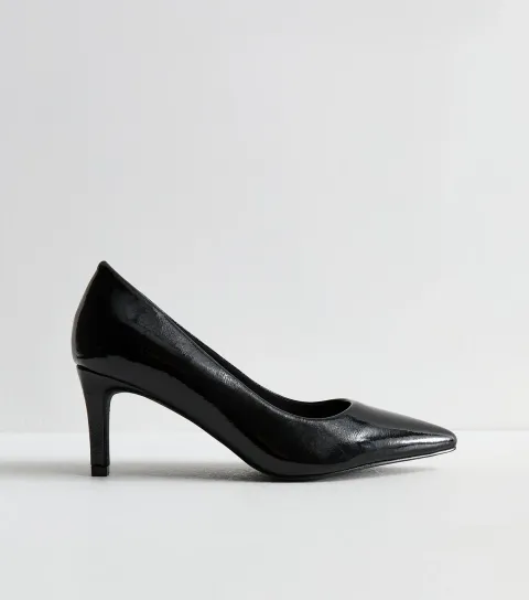 Women's Wide Fit Black Patent Faux Leather Pointed Toe Pumps Vegan