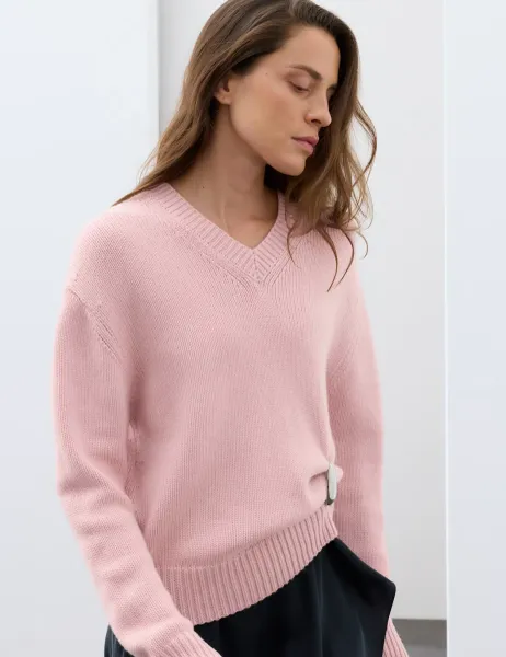 Autograph Merino Wool Rich V Neck Jumper with Cashmere Dusted Pink