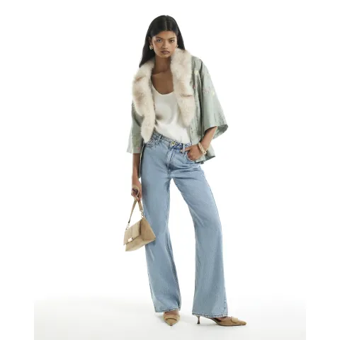 River Island Satin Embroidered Faux Fur Trim Kimono