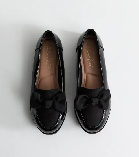 Women's Extra Wide Fit Black Patent Faux Leather Bow Front Loafers Vegan