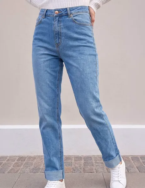 Roman Petite Mid Rise Straight Leg Turn Up Jeans Denim