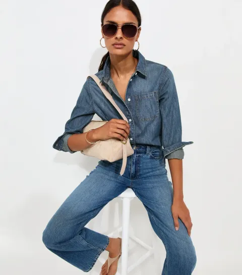 Women's Blue Cotton Long Sleeve Classic Denim Shirt