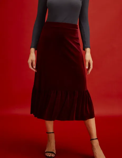 Finery London Velvet Midi Tiered Skirt Burgundy