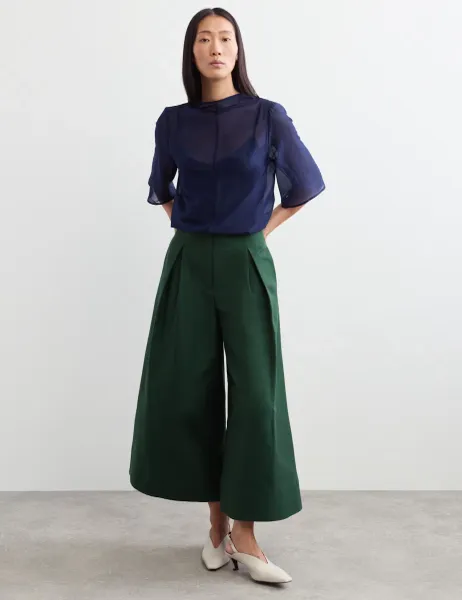 Jaeger Taffeta Pleated Wide Leg Trousers with Silk Dark Green
