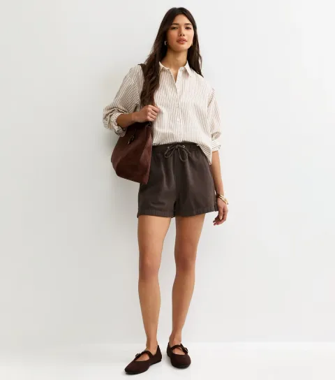 Women's Dark Brown Cotton Twill Pull On Drawstring Shorts