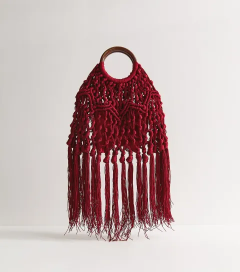 Dark Burgundy Macrame Tassel Top Handle Bag