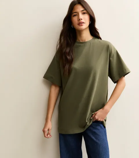 New Look Women's Dark Khaki Cotton Oversized T-Shirt
