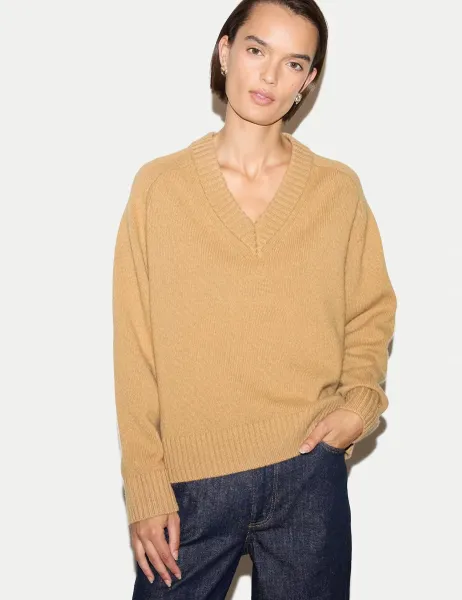 Jigsaw Wool Rich V-Neck Jumper Camel