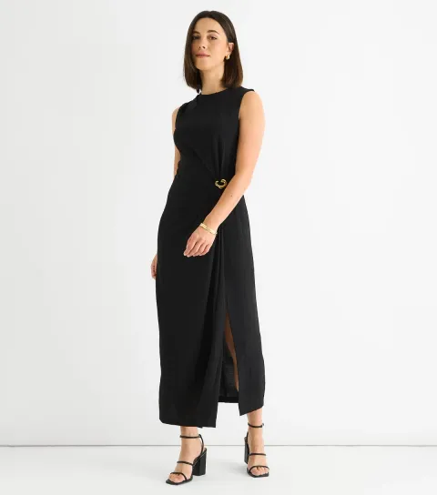 Women's Black Ruched Metal Trim Midi Dress