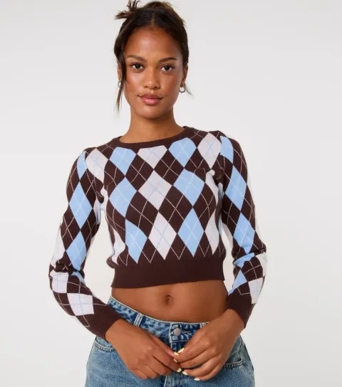 Women's Dark Brown Cropped Argyle Knit Jumper