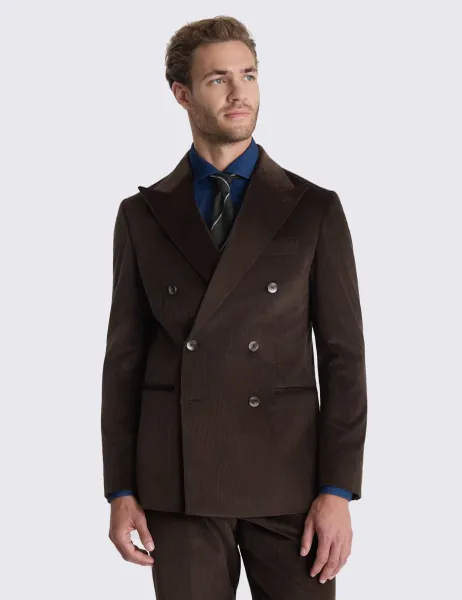 Moss Tailored Fit Cord Double Breasted Suit Jacket Dark Brown