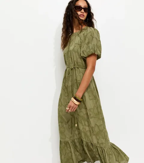 Women's Khaki Embroidered Puff Sleeve Midi Dress