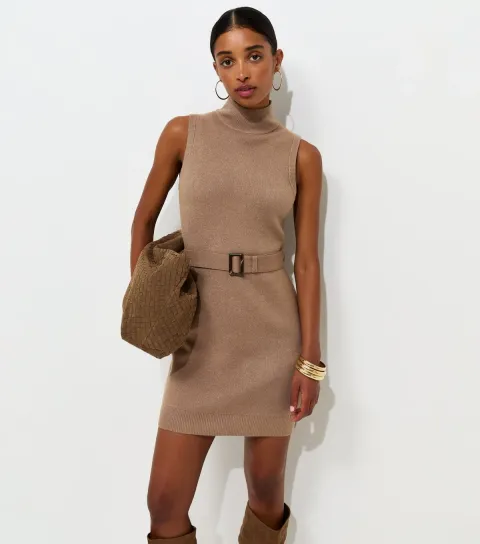 Women's Mink Knit Belted Sleeveless Mini Dress
