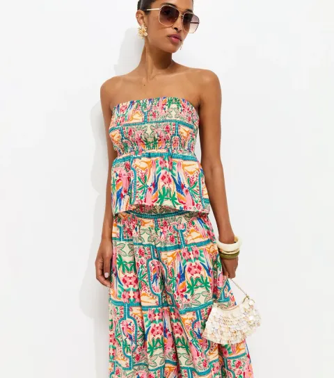 Women's Multicoloured Parrot Shirred Bandeau Top