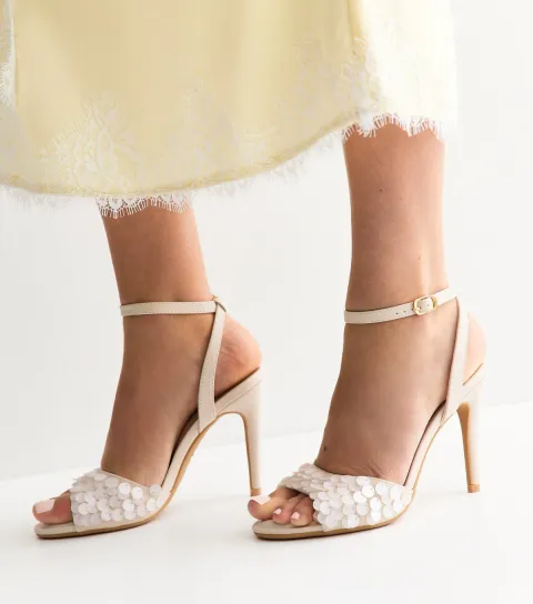 Women's White Faux Leather Sequinned Stiletto Sandals Vegan