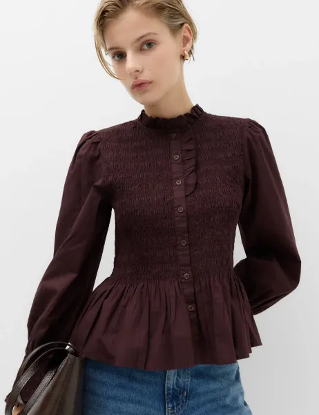 Marks & Spencer Pure Cotton Shirred Shirt Chocolate