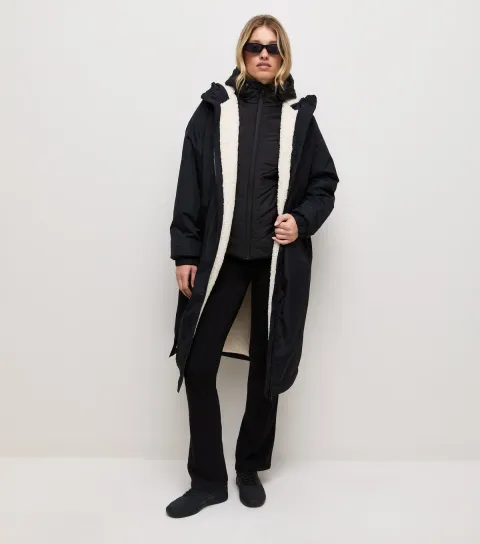 Women's Black Fleece Lined Long Line Raincoat