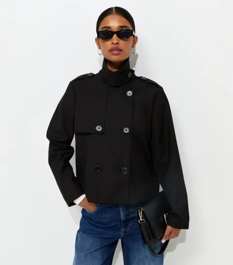 New Look Women's Cream Double Breasted Cropped Trench Jacket