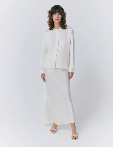 Ghost Satin Collarless Button Through Blouse Ivory