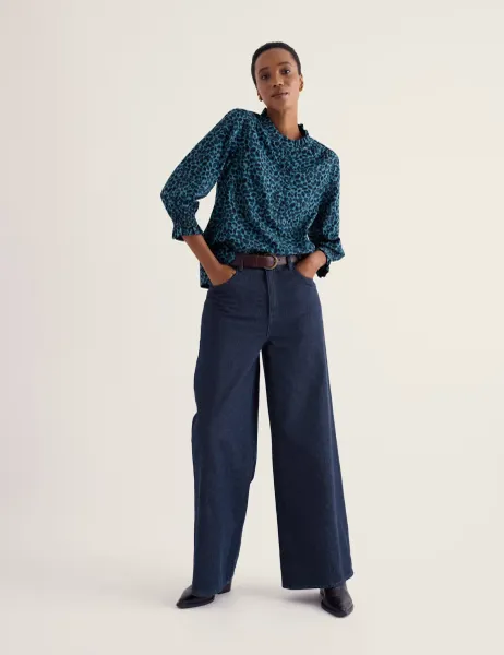 Seasalt Cornwall Cotton Rich Printed High Neck Relaxed Frill Detail Top
