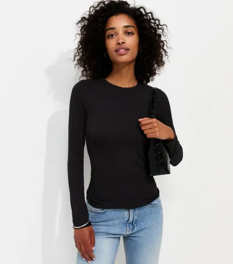 Women's Black Cotton Rich Ribbed Crew Neck Long Sleeve Top