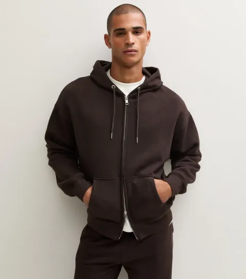 New Look Men's Dark Brown Cotton Rich Boxy Double Ended Zip Hoodie