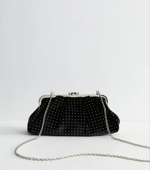 New Look Black Satin Pleated Frame Sparkle Clutch