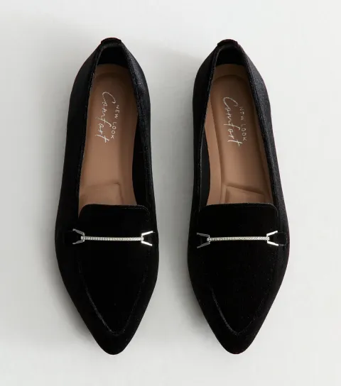New Look Women's Black Velvet Diamante Trim Ballet Pumps Vegan