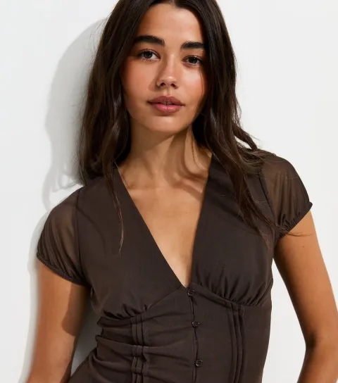 Women's Dark Brown Mesh Jersey V-Neck Top
