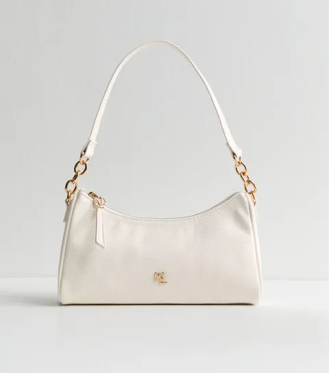White Faux Leather Logo Plaque Shoulder Bag