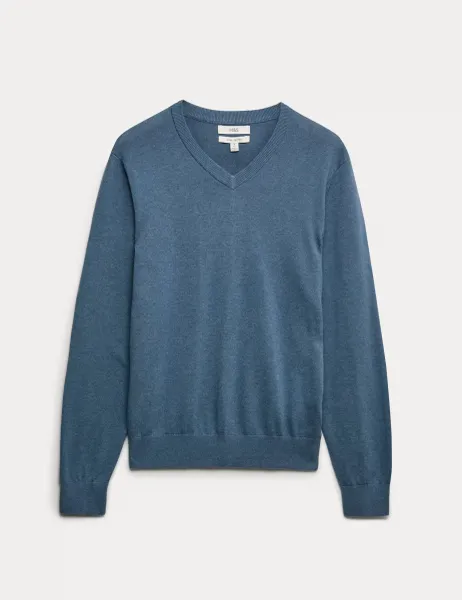 Marks & Spencer Pure Cotton V-Neck Jumper Air Force Blue