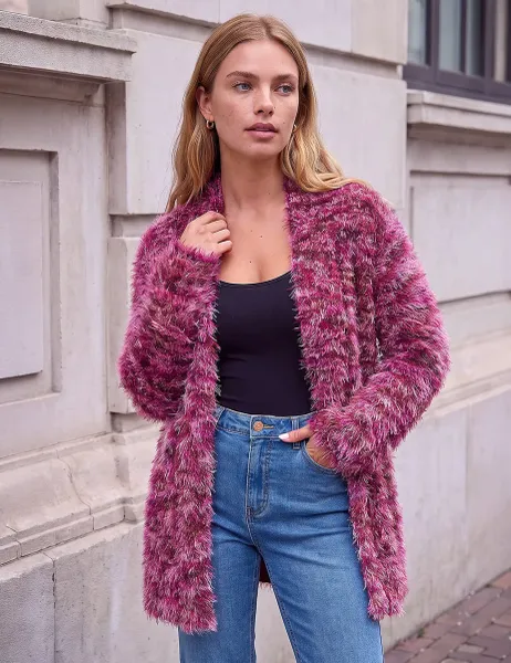 Roman Fluffy Knit Cardigan Burgundy Mix