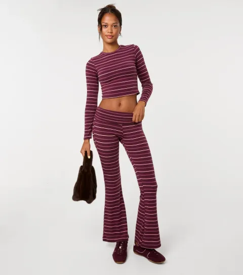 Pink Vanilla Women's Dark Purple Stripes Foldover Waistband Flared Trousers