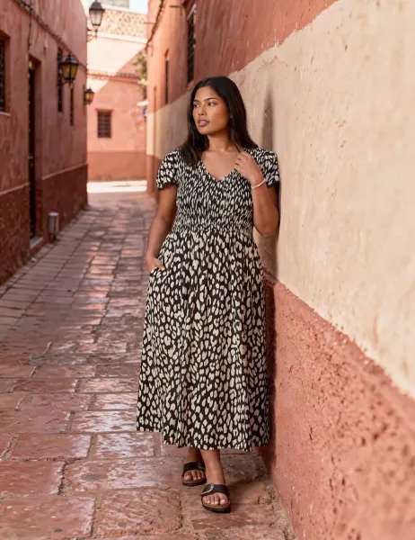 Live Unlimited London Pure Cotton Animal Print Shirred Midi Dress Black Mix