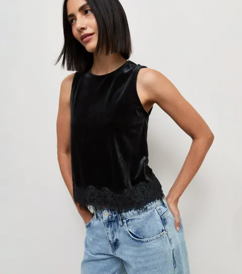 Women's Black Velvet Lace Trim Vest Top