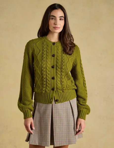 Joules Cable Knit Crew Neck Cardigan Khaki Mix
