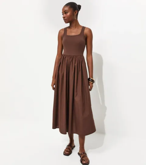 Women's Dark Brown 2-In-1 Poplin Midi Dress