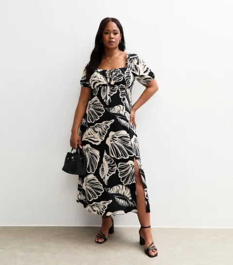 Women's Plus Size Black Shell Print Milkmaid Midi Dress Curves