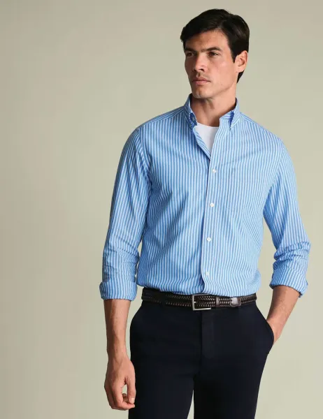 Charles Tyrwhitt Striped Stretch Washed Poplin Oxford Shirt Blue Mix