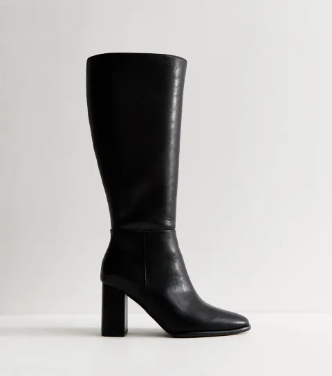 Women's Extra Calf Fit Black Faux Leather Block High Leg Boots Vegan