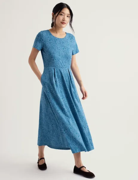 Seasalt Cornwall Cotton Rich Floral Midi Waisted Dress Blue Mix