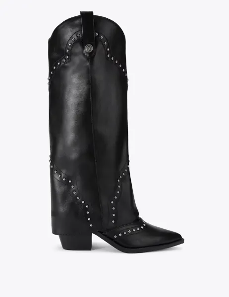 Steve Madden Leather Studded Block Heel Knee High Boots Black