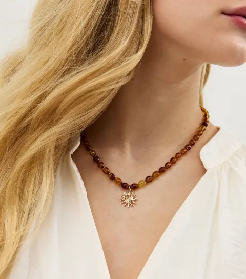 New Look Brown Beaded Sun Pendant Necklace