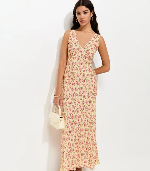 Women's Yellow Floral Print V-Neck Bias Cut Midi Dress