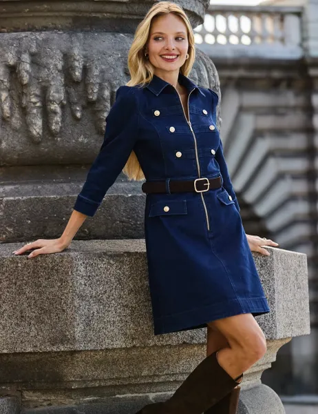 SOSANDAR Denim Zip Up Midi Swing Dress