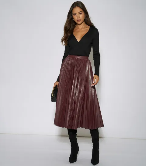 Gini London Women's Dark Burgundy Faux Leather Pleated Midi Skirt