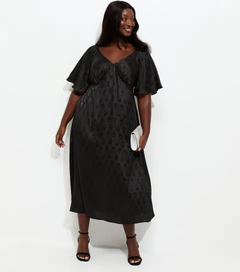 Women's Plus Size Black Paisley Jacquard Flutter Sleeve Midi Dress Curves