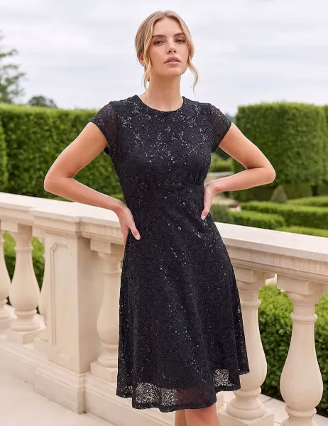 Roman Sequin Lace Knee Length Dress Black Mix